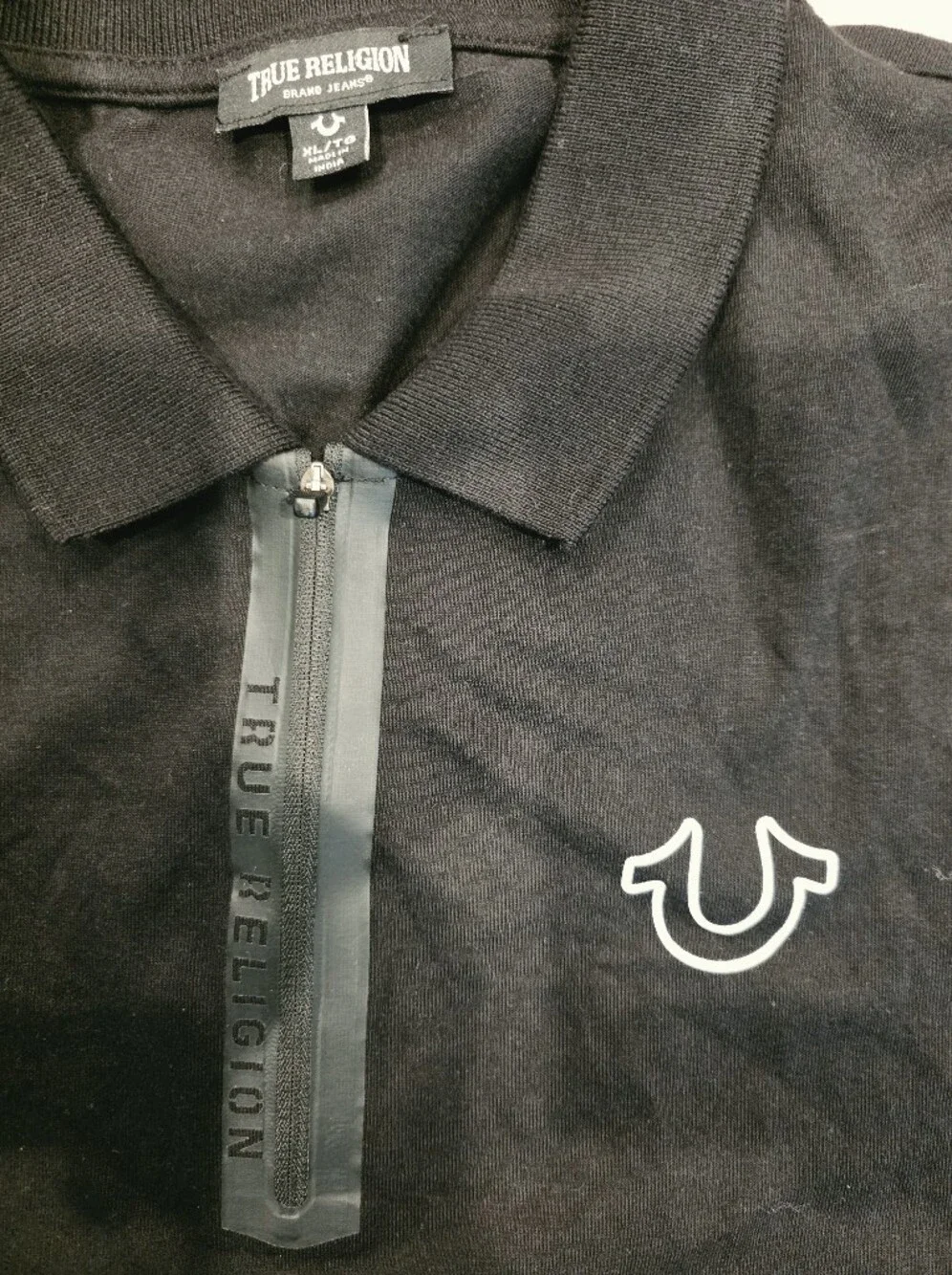 True Religion Black Polo with Contrast Logo Zip Placket